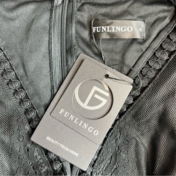 Funlingo Boho Black Lace Dress Women’s Small Short Sleeve V-Neck Lined - Picture 6 of 6